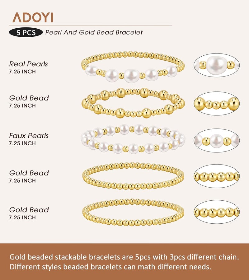 adoyi Gold Bracelets for Women Beaded Bracelet 14K Gold Plated Bracelet Stack Strand Stretch Bead Ball Bracelet Set Stackable Bracelet Adjustable Bracelet Set Jewelry for Gifts - Image 5